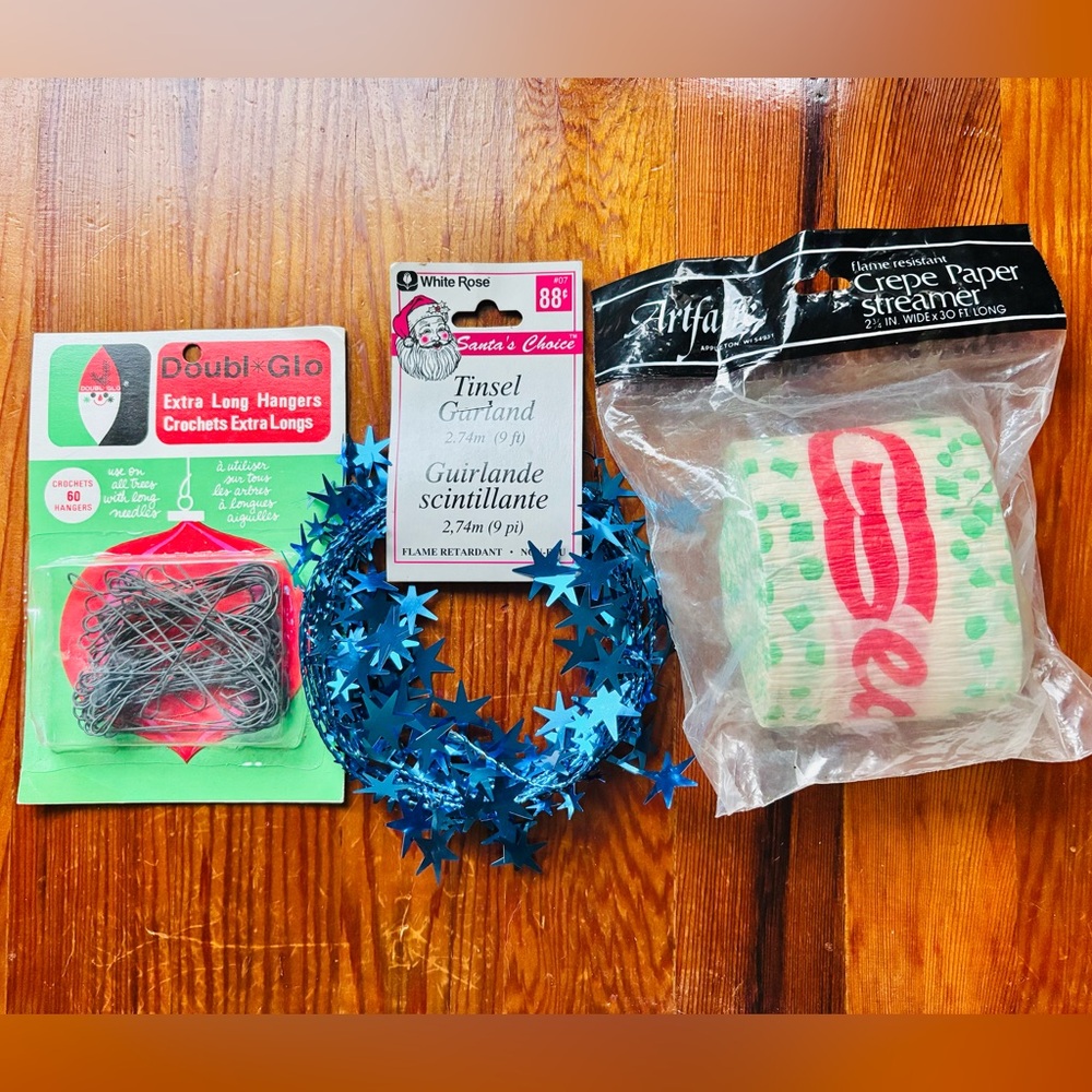 2/$10 Vintage NOS Christmas Decorations - Garland, Crepe Paper, Double-Glo Hooks